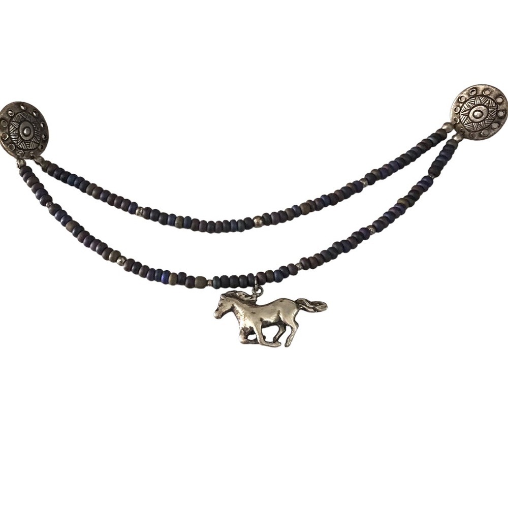 Sweater Guard Collar Pin Silver Running Horse Brown Beads Etched